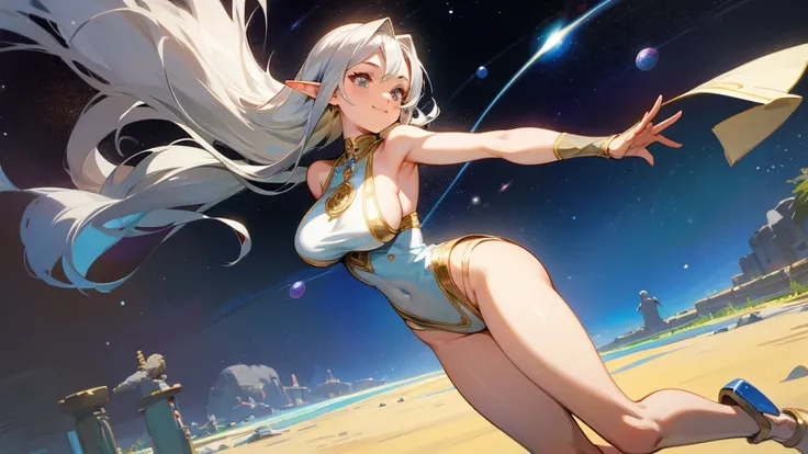 Anime Style,Nostalgic,Detailed background,The medieval world,Space Beach,A beautiful silver-haired smiling bard elf,Large Breasts,Healthy thighs,Underarm,M-shaped legs