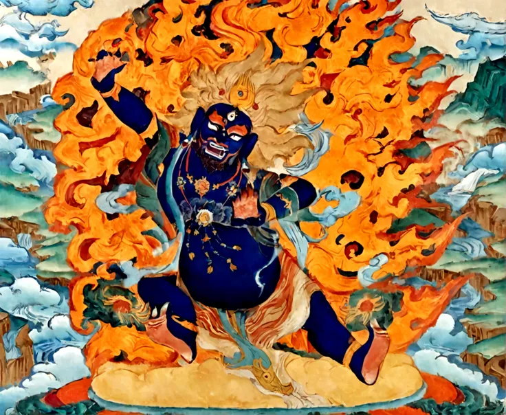 a painting of a man sitting on a cloud covered ground, thangka, tibetan painting, tibetan thangka, selk ´ nam god of the sun, as...