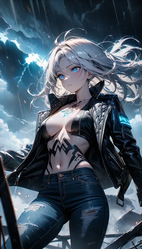 Adult girl, black skin, long white hair, blue eyes, black leather jacket, sleeveless, open breasts, jeans, tattoo, storm, Goddess of Weather, Masterpiece, best quality, Full HD, 8k, ultra details, great graphic