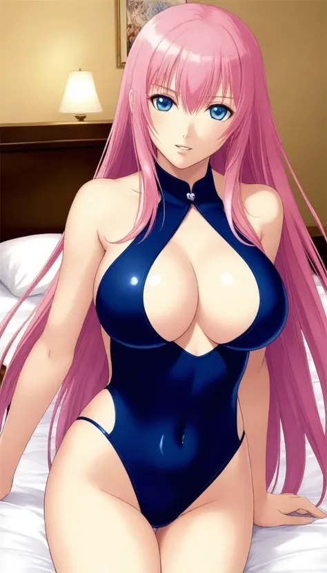 Official Art,１Man Beautiful Adult Woman,Megurine Luka,Pink long hair,blue eyes,Big Breasts,Seduction in competitive swimsuit:2.0,bed, １People only,Erotic:2.0,Expanding the vagina