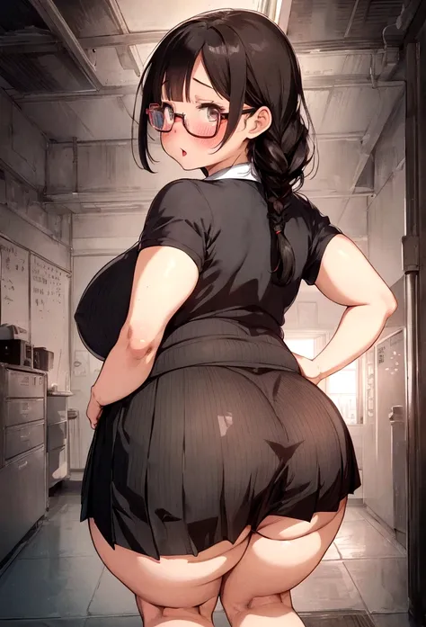 Anime-style image of a woman wearing a short skirt and glasses, hyperRealistic , a hyperRealistic , chic, Realistic , , Gwaiz, artwork in the style of Gwaiz, (SFW) Safe at Work, [ 4k digital art ]!!, Short full body portrait!(masterpiece), (One serious civ...