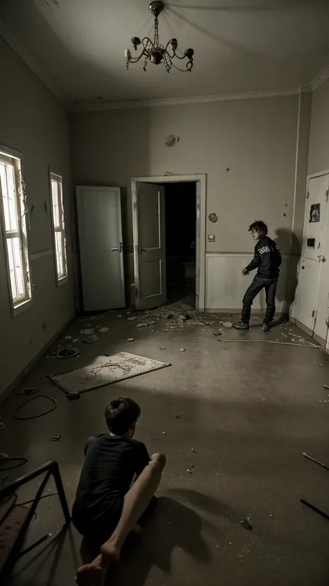 2 teenage boys are in a room . The room is abandoned and creepy . In night