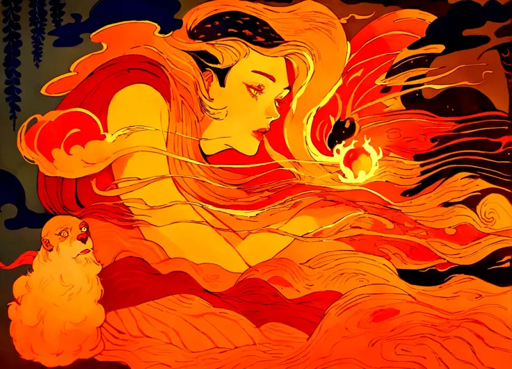 painting of a man with a fire breathing body and a fireball, botticelli and victo ngai, james jean and victo ngai, victo ngai st...