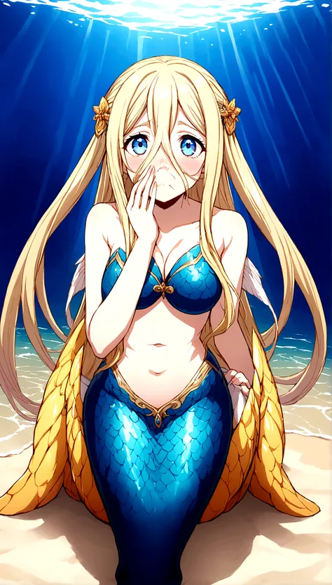 Anime mermaid.1 girl. Cutie. Mermaid girl. Half human. Monster girl. Mermaid. The girl is a Mermaid. Blonde. Long hair. Hair ornament. Blue eyes. Beautiful eyes. Perfect eyes. Expressive eyes. Ideal face. Face about to sneeze
Sneezing face. Beautiful nose....