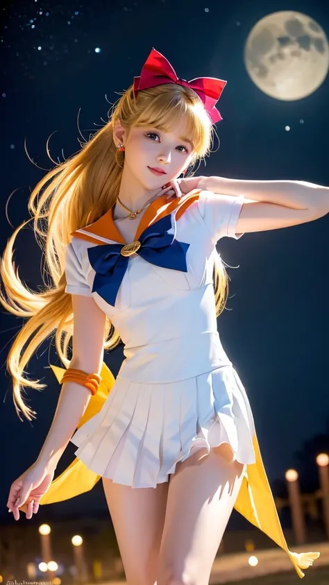 Create a highly detailed image of a character inspired by Sailor Venus from the Sailor Moon series. She is standing confidently, showcasing her iconic sailor scout uniform. The uniform includes a pristine white bodice with a large, vibrant orange bow at th...