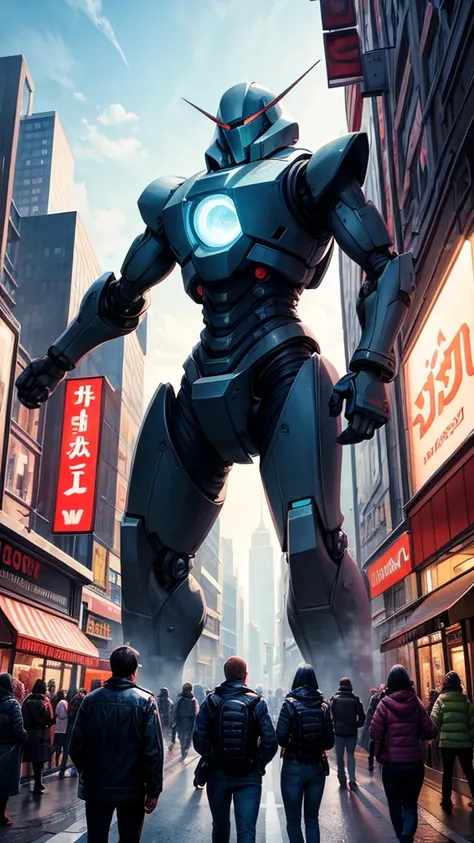 Please draw an illustration of a crowded city street with a giant robot standing in it. The street is filled with many people walking, and there are buildings and shops lining the road. Also, please hide a few aliens in the background. The colors should be...