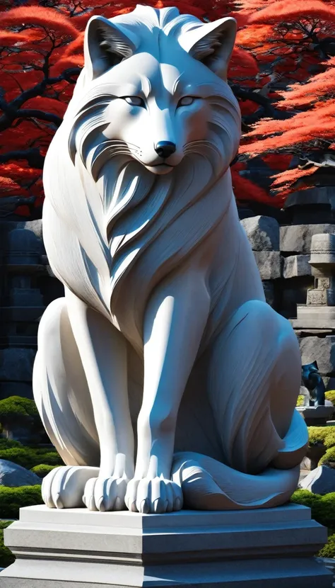 figure, Digital Art, Base T Style, 美beautiful fox, Stone statue，大きいStone statue，god々beautiful fox，Focus on animals, Digital Painting, Medium Shot, Sharp focus, Concentration, society, CG-10 ..., detailed, interior design, 日本のgod社, god秘的な，detailed backgroun...