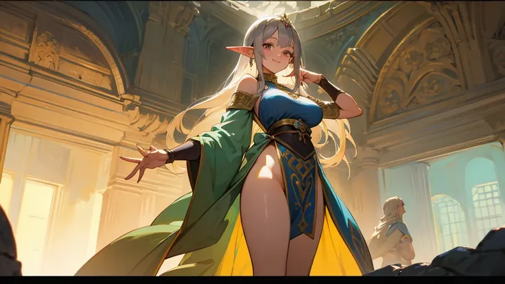 Anime Style,Nostalgic,Detailed background,The medieval world,A palace-like cave,A beautiful silver-haired smiling bard elf,Large Breasts,Healthy thighs,Underarm,Lots of people