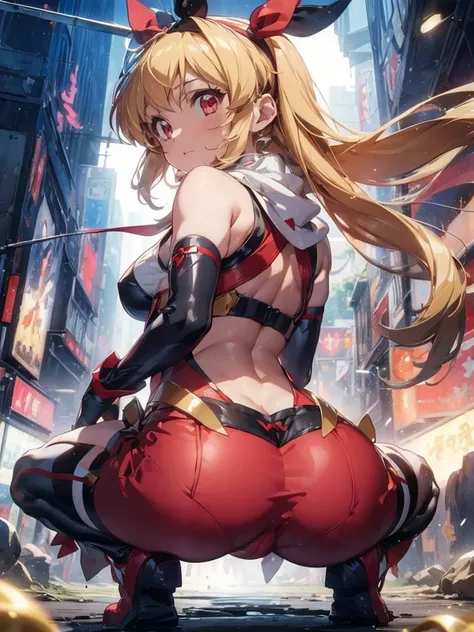 there is a cartoon female in white hot pants with her hip sticking out, (((raise ASS:1.7)),back shot,close up ass,(RED Ribbon on HAIRband:1.2),aikatsu,1 girls,in senki zesshou symphogear style , Blonde long hair,black and RED battle suit,BREAK,ultra-defini...