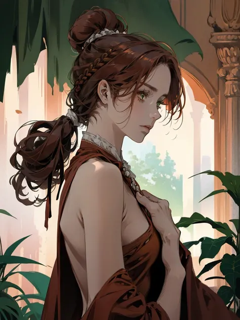 one, lonely, digital painting of a woman with her hair tied up in a bun, Brown red hair, green eyes, young noblewoman from the 1800s , calm face, long face, looks down, dark red dress, closed clothing, decorations on the head around the hair portrait style...