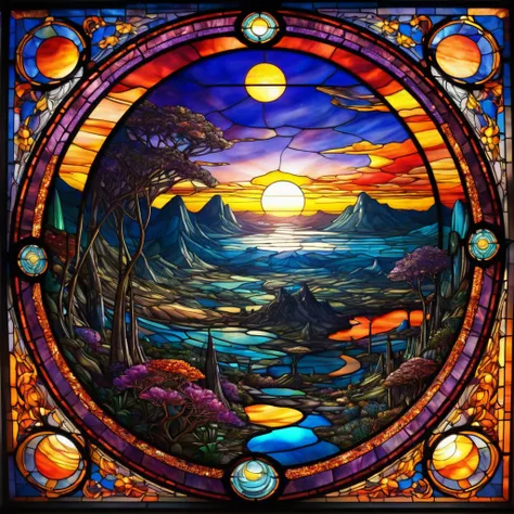 a magnificent sunset on a strange and mysterious alien style stained glass planete. It&#39;s very textured and detailed with lots of multicolored swirls and dreamy dust.