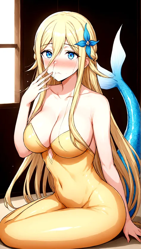 Anime mermaid.1 girl. Cutie. Mermaid girl. Half human. Monster girl. Mermaid. The girl is a Mermaid. Blonde. Long hair. Hair ornament. Blue eyes. Beautiful eyes. Perfect eyes. Expressive eyes. Ideal face. Face about to sneeze
Sneezing face. Beautiful nose....