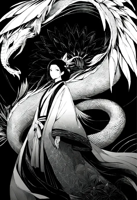 Flying phoenix and dragon，The artwork’s medium is reminiscent of Japanese ink painting......, 具有大胆的笔触和Monochromatic color palette. artist&#39;The technical virtuosity shows the intensity and power of the image&#39;Presence，with the highest quality, Ultra-h...