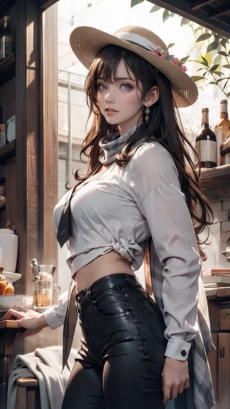 Portrait of a beautiful woman on a muddy farm:1.2 , Cowboy hat, Fringed waistcoat , pants, scarf , confidence , Mid-chest,Sexy proportions、Sexy、Narrow waist、Long eyelashes