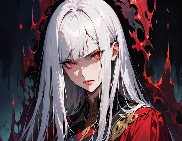 Long white hair, crimson eyes, evil, sexy, black and red clothes, evil face, evil, serious look, gloss lips, sinister, front look, bloody, gloves, close up, portrait, beautiful eyes, short dress, big white, dark place, night, sensual, straight hair cut, cl...