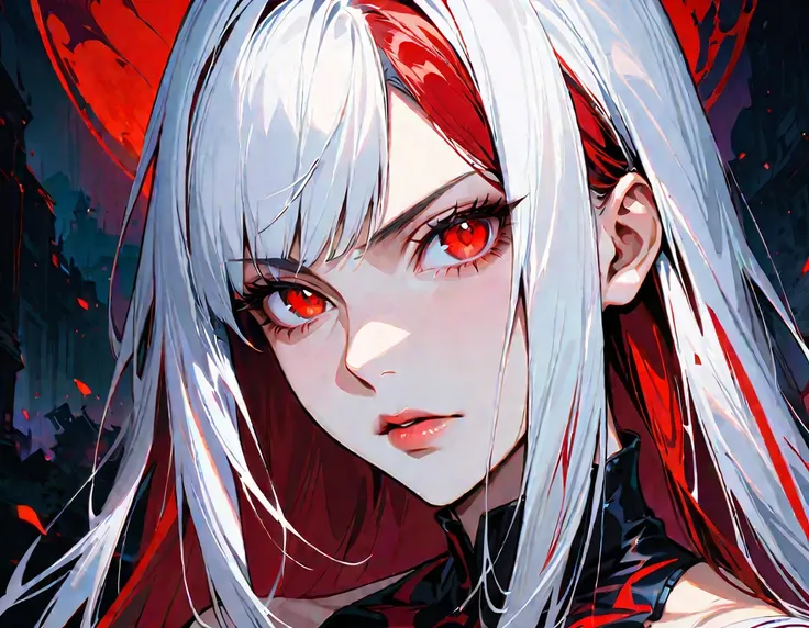 Long white hair, crimson eyes, evil, sexy, black and red clothes, evil face, evil, serious look, gloss lips, sinister, front look, bloody, gloves, close up, portrait, beautiful eyes, short dress, big white, dark place, night, sensual, straight hair cut, cl...