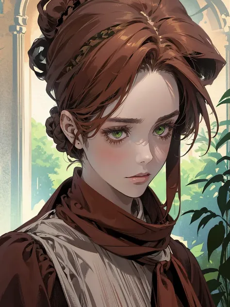 one, lonely, digital painting of a woman with her hair tied up in a bun, Brown red hair, green eyes, young maid from the 1800s , calm face, long face, looks down, dark red dress, closed clothing, head scarf,  PORTRAIT STYLE, looking away, in a beautiful an...