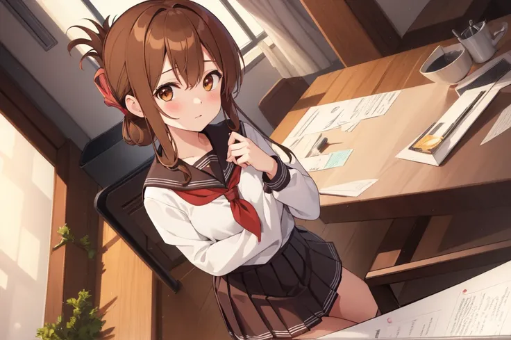 (masterpiece, best quality:1.2),illustration,8k,hd,1girl,solo,upper body,(portrait:1.2),brown_hair,folded_ponytail,brown_eyes,serafuku,long_hair,school_uniform,skirt,pleated_skirt,