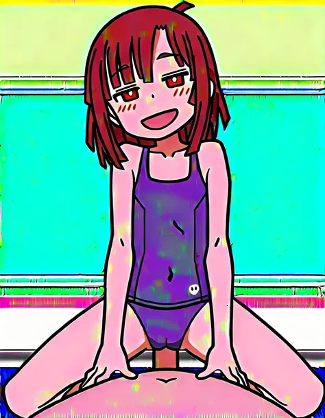 anime screencap, anime coloring, score_8_up, score_7_up, source_anime,rating_explicit, anime screencap, Kitanaga, naked, girl on top, on knees, faint smile, wink, classroom, flat chest, swollen pussy, puffy pussy, hand on stomach, jacket, bottomless, penis...