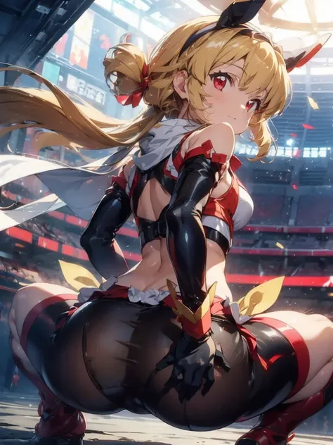 there is a cartoon female in white hot pants with her hip sticking out, (((raise ASS:1.7)),back shot,close up ass,(RED Ribbon on HAIRband:1.2),aikatsu,1 girls,in senki zesshou symphogear style , Blonde long hair,black and RED battle suit,BREAK,ultra-defini...