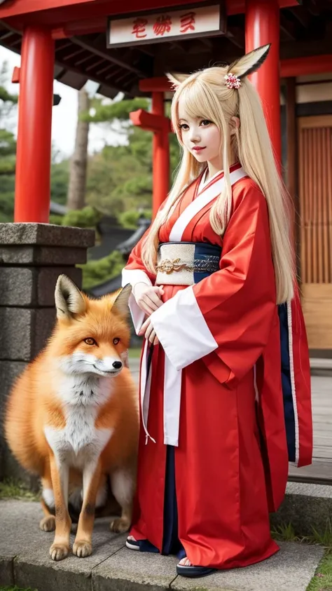 Female fox monster、Blonde and long-haired、Wearing a shrine maiden&#39;s outfit、Anime-inspired touch、Red and sharp eyes