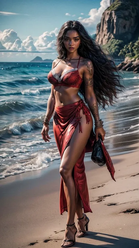 Sexy hot,moana,sexy fully tattooed body,sexy legs,sexy dark skinned tan body,sexy hot slim sexy body,sexy very long curly hair ,sexy figure,sexy double slit thong knot see through sexy (RED long skirt),sexy front knot ( RED bra),sexy heels,full body standi...