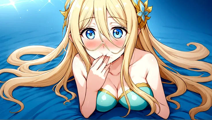 Anime mermaid.1 girl. Cutie. Mermaid girl. Half human. Monster girl. Mermaid. The girl is a Mermaid. Blonde. Long hair. Hair ornament. Blue eyes. Beautiful eyes. Perfect eyes. Expressive eyes. Ideal face. Face about to sneeze
Sneezing face. Beautiful nose....