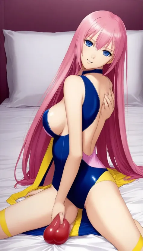 Official Art,１Man Beautiful Adult Woman,Megurine Luka,Pink long hair,blue eyes,Big Breasts,Seduction in competitive swimsuit:2.0,bed, １People only,Erotic:2.0,Expanding the vagina,Cowgirl position penis insertion sex