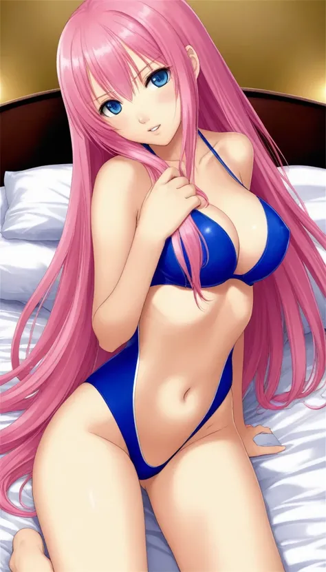 Official Art,１Man Beautiful Adult Woman,Megurine Luka,Pink long hair,blue eyes,Big Breasts,Seduction in competitive swimsuit:2.0,bed, １People only,Erotic:2.0,Expanding the vagina,Cowgirl position penis insertion sex