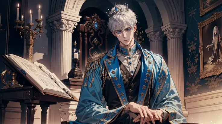 Silver-haired, short hair, the prince sits on a majestic throne inside a majestic palace with a crown. The environment around it is majestic, and next to him stands an old clock.. The throne is richly decorated, with silver and precious stone details, and ...