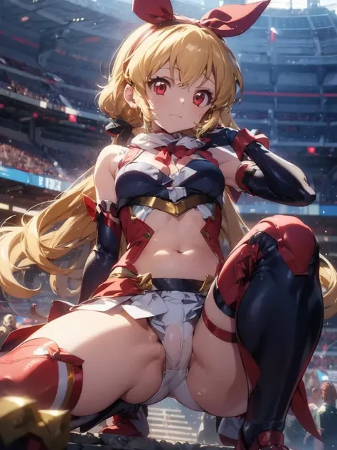 there is a cartoon female in white hot pants with her hip sticking out, (((raise ASS:1.7)),back shot,close up ass,(RED Ribbon on HAIRband:1.2),aikatsu,1 girls,in senki zesshou symphogear style , Blonde long hair,black and RED battle suit,BREAK,ultra-defini...