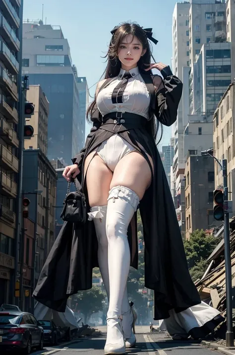 looking at the camera、Urban hustle and bustle、Traffic jam、City of Rubble、street tree、((((Azur Lane Cheshire))))、Maid clothes、Super huge breasts、Plump thighs、Ground View，City of Giants,500 foot tall giant girl，skyscraper,Has super long legs,Step into the cr...