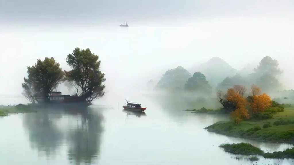 There is a boat floating on the water in foggy weather, In the peaceful scenery, Water mist, by Jiang Tingxi, On the misty lake, Water mists, Water mist, Peaceful and tranquil, floating in fog, by Cheng Jiasui, Pan Tianshou, by Xie Shichen,  The scenery is...