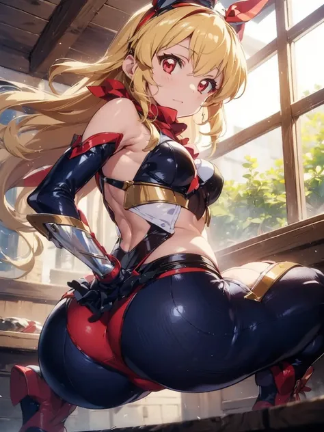 there is a cartoon female in white hot pants with her hip sticking out, (((raise ASS:1.7)),back shot,close up ass,(RED Ribbon on HAIRband:1.2),aikatsu,1 girls,in senki zesshou symphogear style , Blonde long hair,black and RED battle suit,BREAK,ultra-defini...