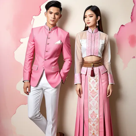 candid fashion illustration of two young man and women, 20-27 year old, adorned in a meticulously crafted north thai lanna tradi...