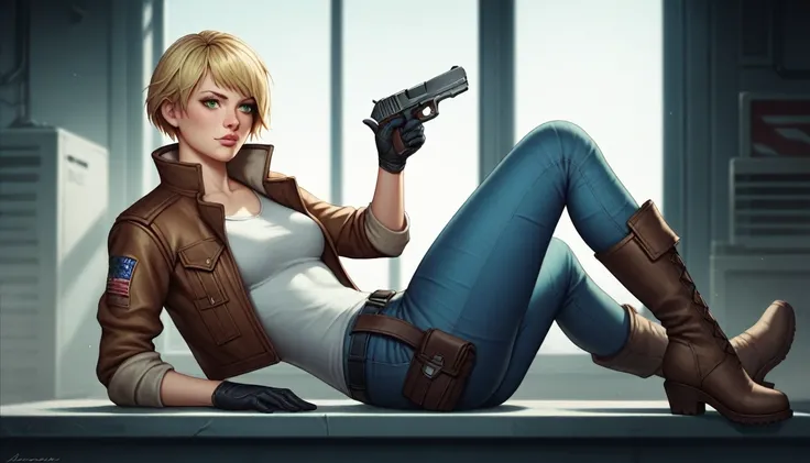 1girl, Heather Mason (Silent Hill 3), blonde hair, short hair, green eyes, one eye glow, 21 years old, leather jacket, gloves, black gloves, jeans, boots, pistol holster, dark warehouse, 1 computer with three led monitors, window, new york cyberpunk, high ...