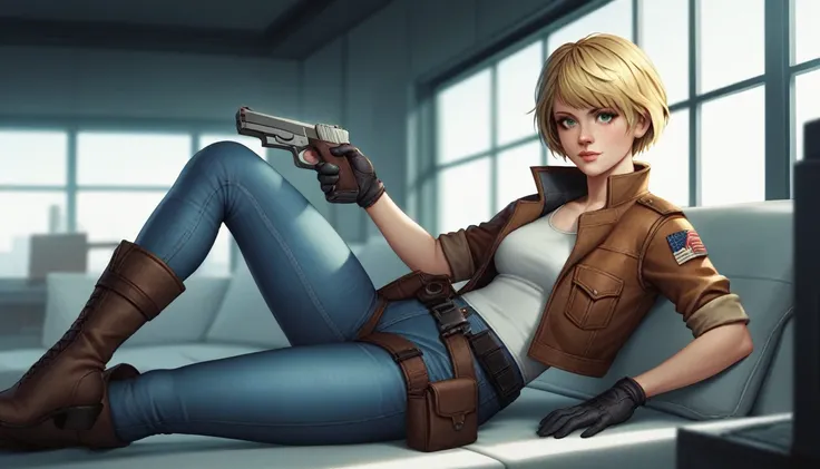 1girl, Heather Mason (Silent Hill 3), blonde hair, short hair, green eyes, one eye glow, 21 years old, leather jacket, gloves, black gloves, jeans, boots, pistol holster, dark warehouse, 1 computer with three led monitors, window, new york cyberpunk, high ...