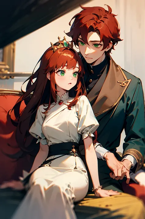 Princess, with collected brown-red hair, green eyes, sitting next to a man, dressed in men&#39;s clothing., Elegant & Luxurious((Best quality)), ((masterpiece)), (detailed), perfect face