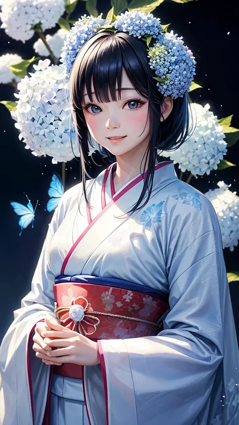 white without dirt　Japanese kimono bride　Apparition　blue sky,Best Quality, Masterpiece, Ultra High Resolution, (Realisticity: 1.4), Original Photo, Cinematic Lighting,butterflyBackground,A kimono with a hydrangea pattern,blue sky,Smiling Hair is a simple b...