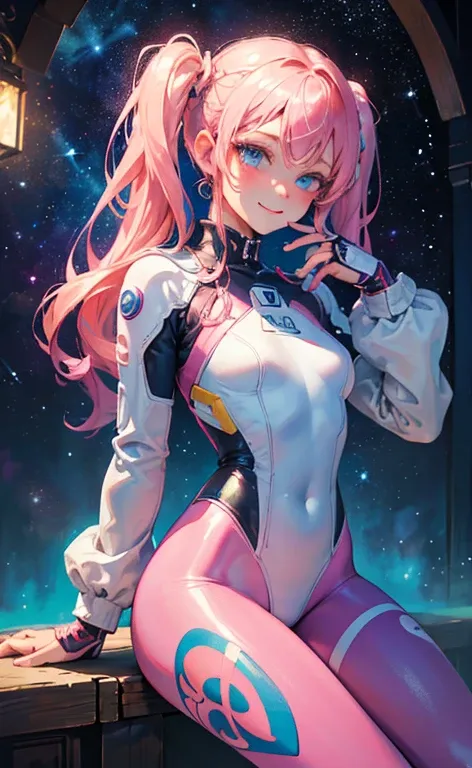 (masterpiece, top quality, very aesthetic, 4k、illustration), intricate detail, 1girl,Sit leaning against a wall、(cowboy shot)、light smile、(sideburns)、
Cute 、pink hair、twintails,middle hair,sidelock ,high ,blue eyes、Space suit, tights suit、small breasts,Sli...