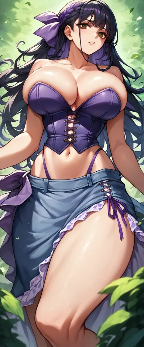 A tall sexy sensual girl Beautiful big breast long black hair her brown eye wears a corset purple thread shows navel and a purple denim skirt long purple heel 