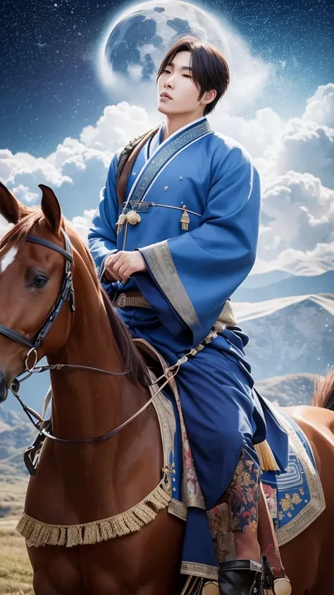 Make an handsome Korean Man with Horse looking in the Sky decorated with countless stars and moon 