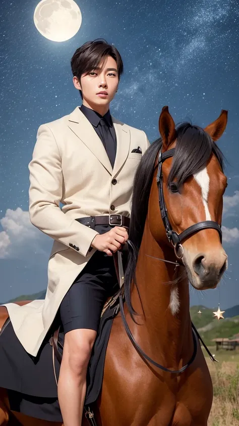 Make an handsome Korean Man with Horse looking in the Sky decorated with countless stars and moon 