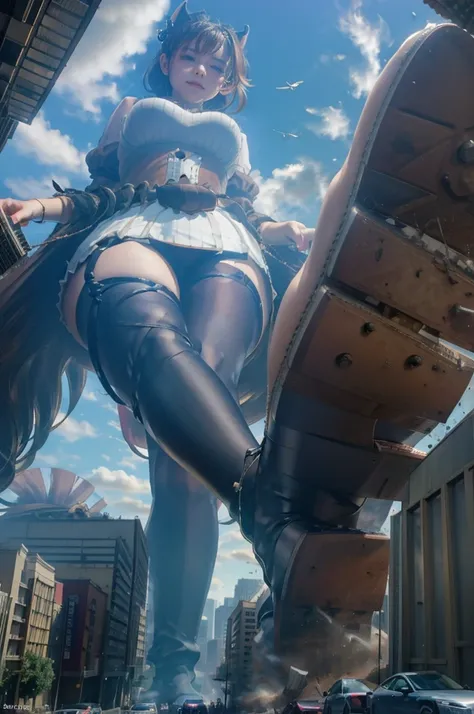 Urban hustle and bustle、Traffic jam、street tree、((((Azur Lane Cheshire))))、Maid clothes、Super huge breasts、Plump thighs、Ground View，City of Giants,500 foot tall giant girl，skyscraper,Has super long legs,Step into the crowd，There are many people on the stre...