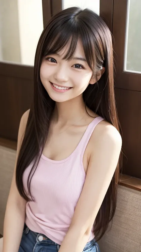 One girl, one girl, one person, japanese girl, mischievous smile, devilish smile, grinning smile, Japanese girl, 20 year old girl, beautiful, pretty face, cute face, mischievous expression, tank top, tank top