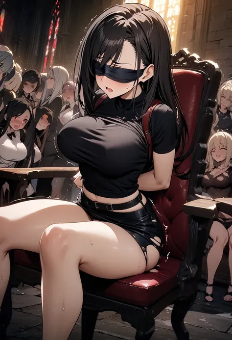 masterpiece, 最high quality, High resolution,  Final Fantasy 7、Tifa Lockhart、Black torn clothes 、Black ripped pantyhose、Dark church at night、sexy、Wearing a mini skirt、Thin legs、Big Breasts、Slim figure、high quality　CG Tone、Torn black panties、Lesbian、Surround...