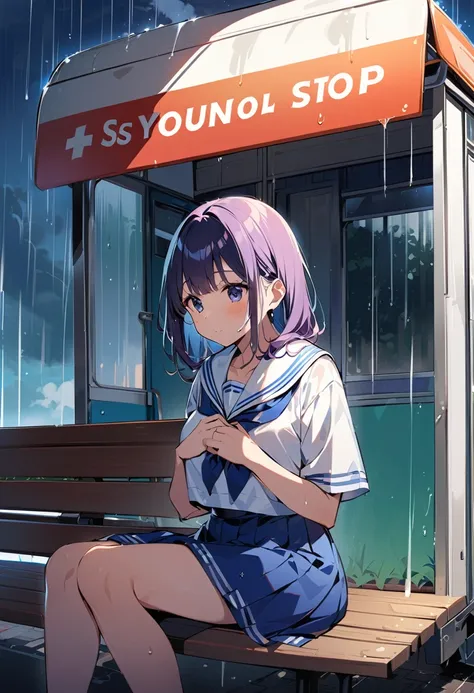 Huge 、　Summer rural bus stop、sit on a bench、　Sheltering from the Rain、　Sailor suit、　Shyness、　Glare、　Cover your chest with your hands、Wet、heavy rain、ずぶWet、Rainy Sky