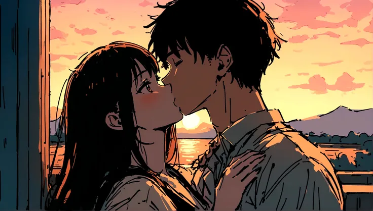 masterpiece,最high quality,Super detailed,High resolution backgrounds,8K,High Resolution,high quality,break,high school student,Man and woman couple,kiss,Sunset,Japanese manga style, sketch, Colored pencil