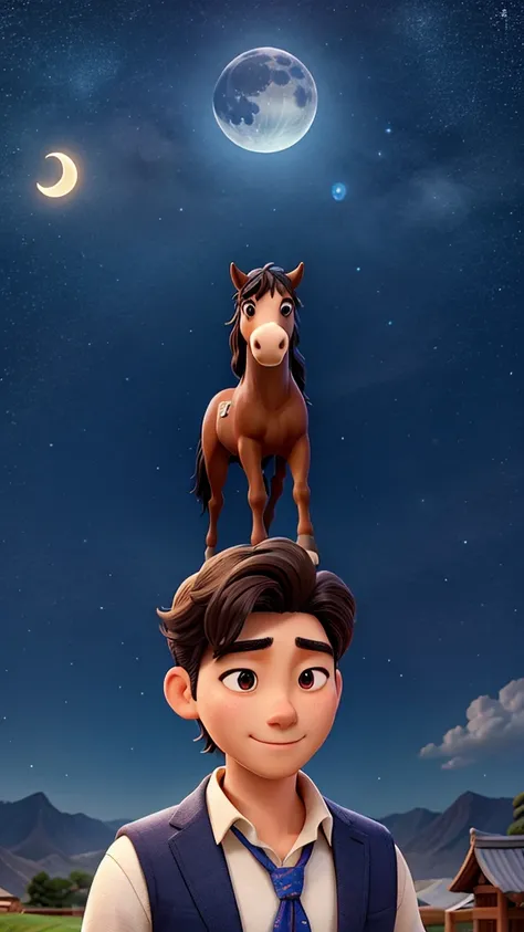 Make an handsome Korean Man with Horse looking in the Sky decorated with countless stars and moon 