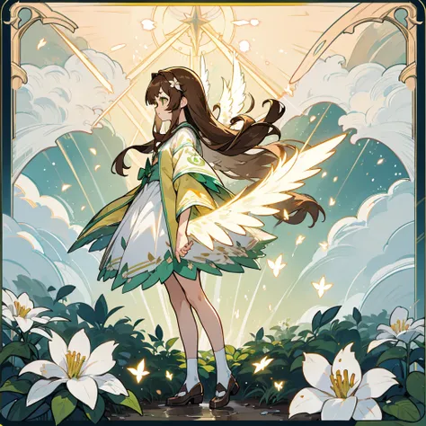 brown hair, long hair, straight hair, kawaii, anime, Cute, hyper quality, highly detailed, full body, 16k, green eyes, wings of light on the back of body, one girl, nature background, moonlight, Meteor shower, light effects, one brown bird, highlight, flow...